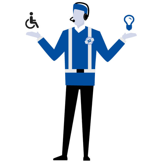 Unfallversicherung: Grafische Darstellung eines Mannes in Lotsen-Uniform. Er träg t ein Headset. Über seinen ausgebreiteten Händen schweben ein Rollstuhl - Icon und ein Glühbirnen-Icon.