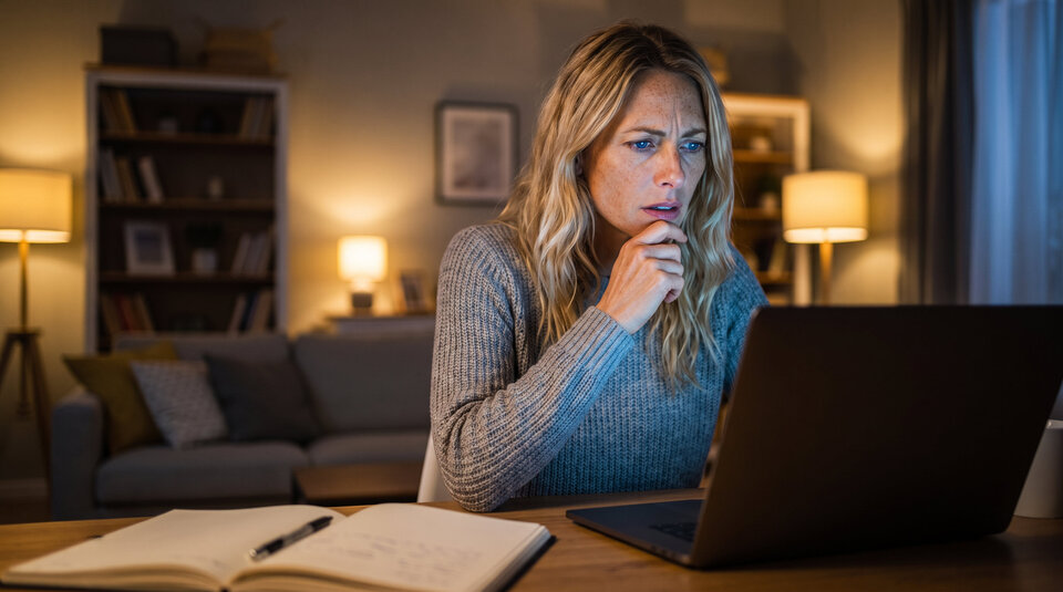 Gestresste Frau mit langen Haaren, die besorgt auf einen Laptop schaut und eine Kreditkarte in der Hand hält.