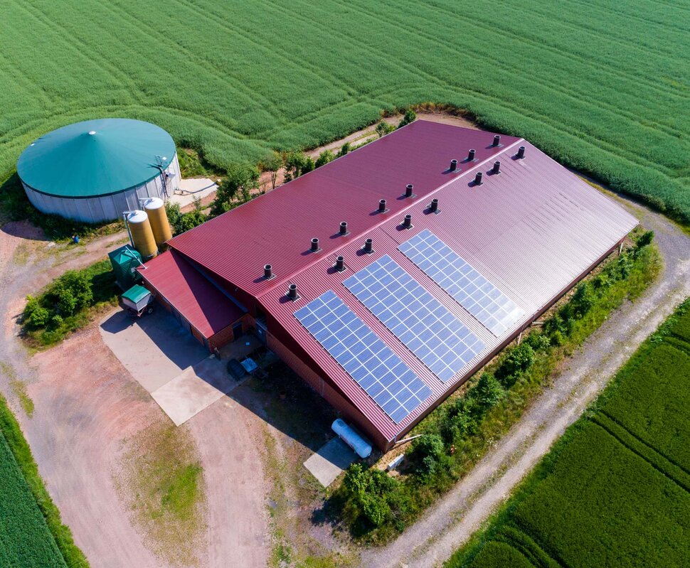 Ländliche Szene mit zwei Gebäuden am Weg entlang, umgeben von Wiesen und Bäumen unter einem bewölkten Himmel.