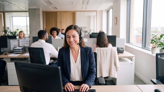KI-generiertes Bild: Frau mit Kopfhörern und Mikrofon lächelt zufrieden in einem Callcenter, im Hintergrund weitere Mitarbeiter.