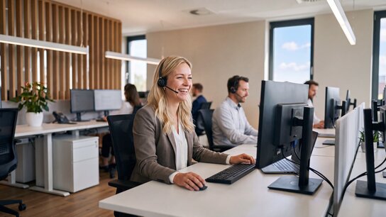 KI-generiertes Bild: Frau mit Kopfhörern und Mikrofon lächelt zufrieden in einem Callcenter, im Hintergrund weitere Mitarbeiter.