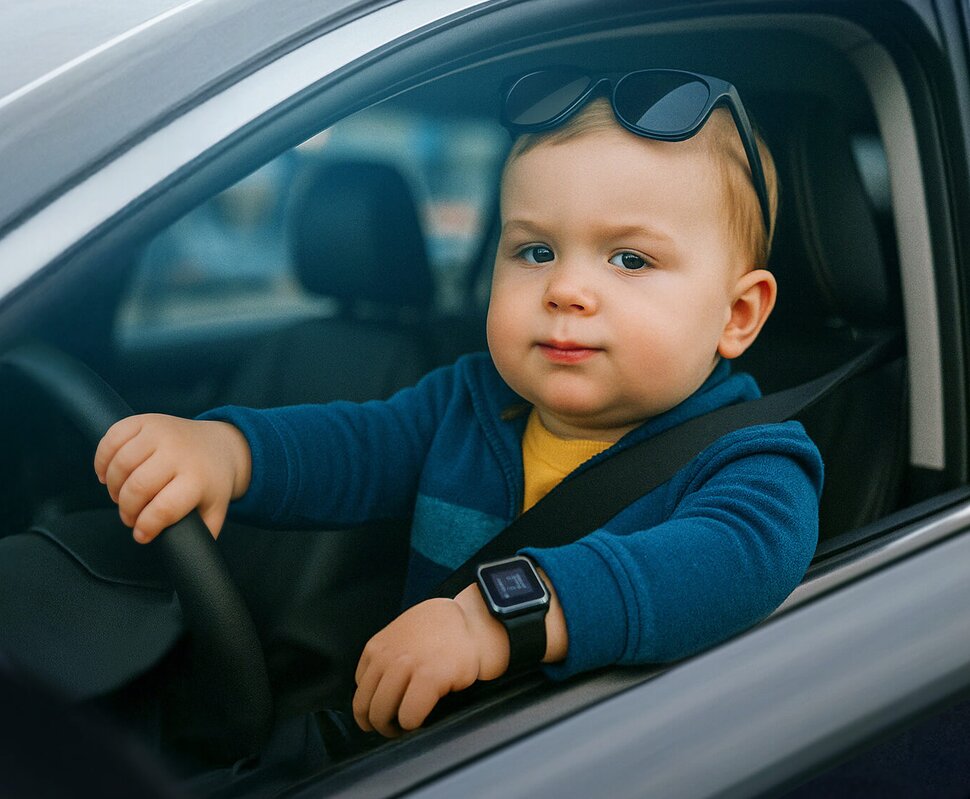 Lächelnde Frau mit lockigem Haar, die aus einem Auto steigt, im Hintergrund Bäume und ein weiteres Fahrzeug.