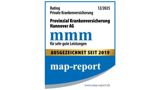 Auszeichnung für die Provinzial Krankenversicherung Hannover AG mit "mmm" für sehr gute Leistungen, map-report, gültig bis 12/2024.