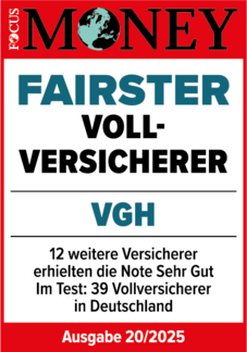 Titel der Zeitschrift "FOCUS MONEY" mit dem Text "FAIRSTER VOLLVERSICHERER" und dem Hinweis auf die VGH und Testergebnisse.