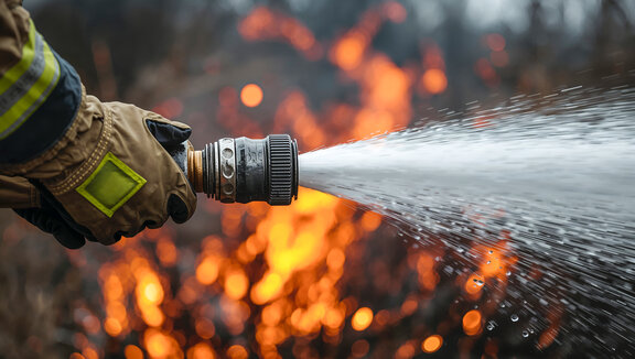 Im Vordergrund hält eine Hand in Schutzkleidung die Mündung eines Feuerwehrschlauchs mit Wasserstrahl, während im Hintergrund lodernde Flammen in einem Wald zu sehen sind.