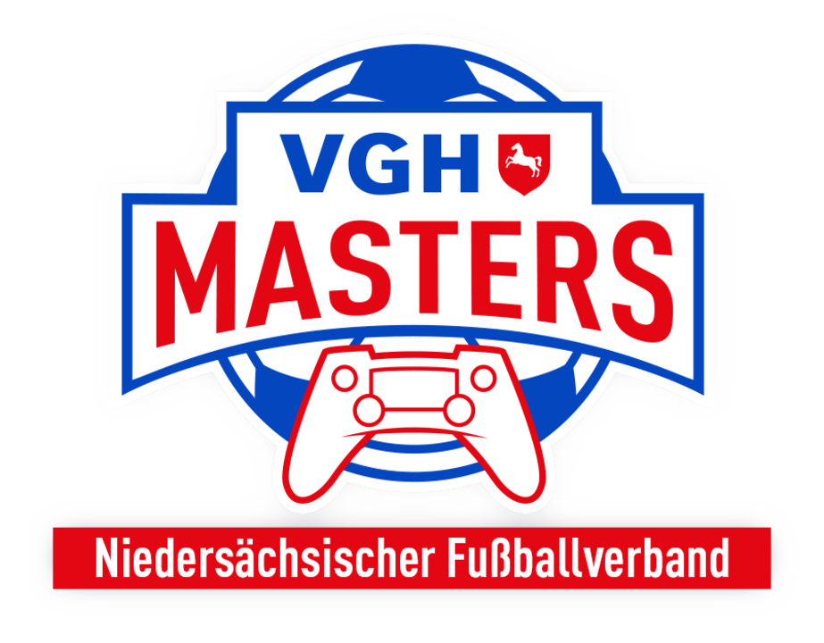 Logo VGH Masters Logo der VGH Masters in blau und rot, zeigt den Schriftzug "VGH Masters - Niedersächsischer Fußballverband" auf einem Fußball, davor eine stilisierte Spielkonsole