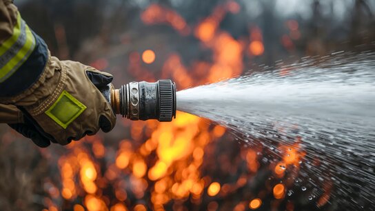 Im Vordergrund hält eine Hand in Schutzkleidung die Mündung eines Feuerwehrschlauchs mit Wasserstrahl, während im Hintergrund lodernde Flammen in einem Wald zu sehen sind.