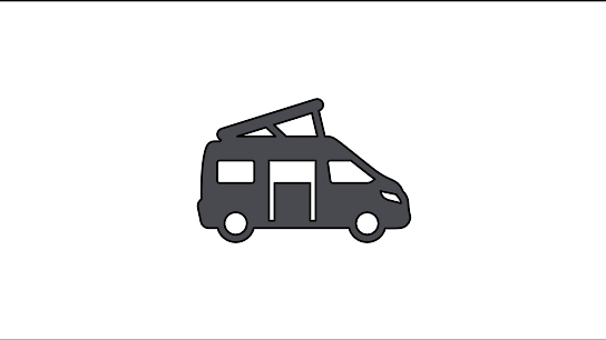 Ein minimalistischer Campervan mit aufklappbarem Dach vor einem weißen Hintergrund.