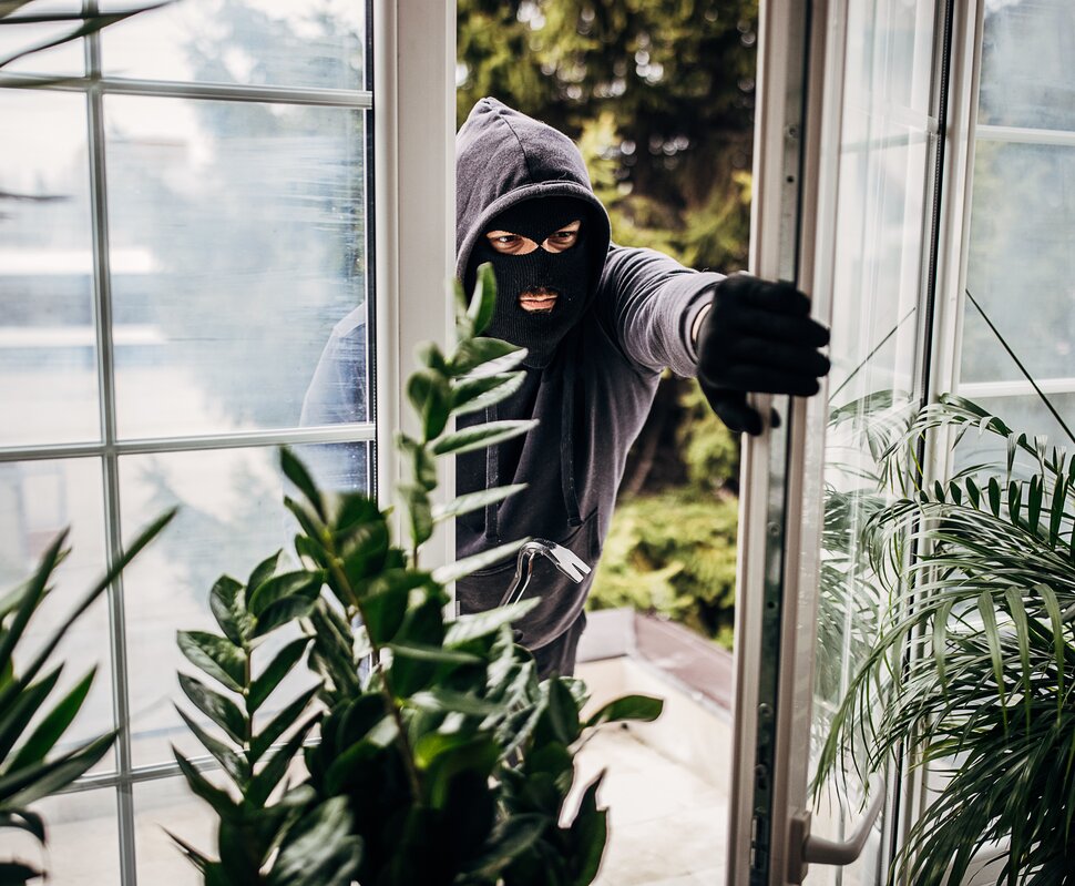 Maskierte Person schlüpft durch eine offene Fenster-Tür, umgeben von Pflanzen. Spannung und Gefahr sind spürbar.