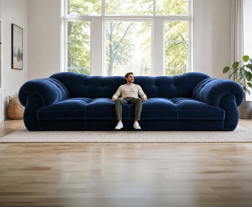 Ein Mann sitzt entspannt auf einem großen, blauen Sofa in einem hellen Raum mit großen Fenstern und Pflanzen.