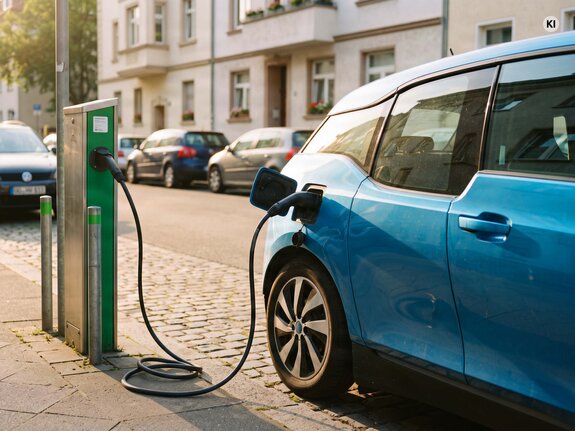 Blaues Elektroauto lädt an einer Ladesäule an einer Straßen mit parkenden Fahrzeugen im Hintergrund.