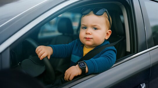 Ein kleiner Junge mit Sonnenbrille sitzt im Auto und hält das Lenkrad, lächelt nach draußen.