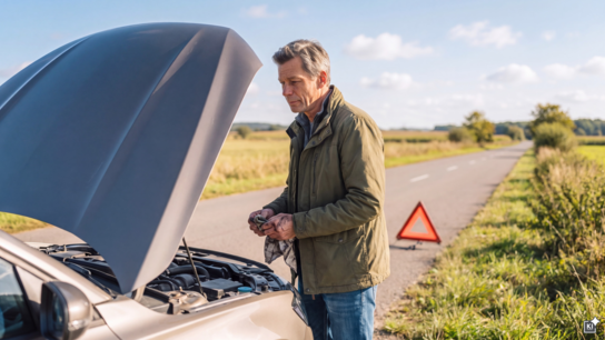 KI-generiertes Bild: Ein Mann steht an einem Auto, blickt nachdenklich in den offenem Motorraum und hält dabei ein Werkzeug in der Hand.