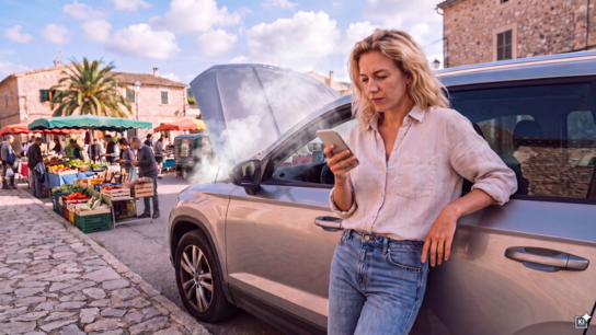 KI-generiertes Bild: Frau mit Smartphone lehnt an einem Auto mit offener Motorhaube, im Hintergrund ein Markt mit Ständen und Besuchern.